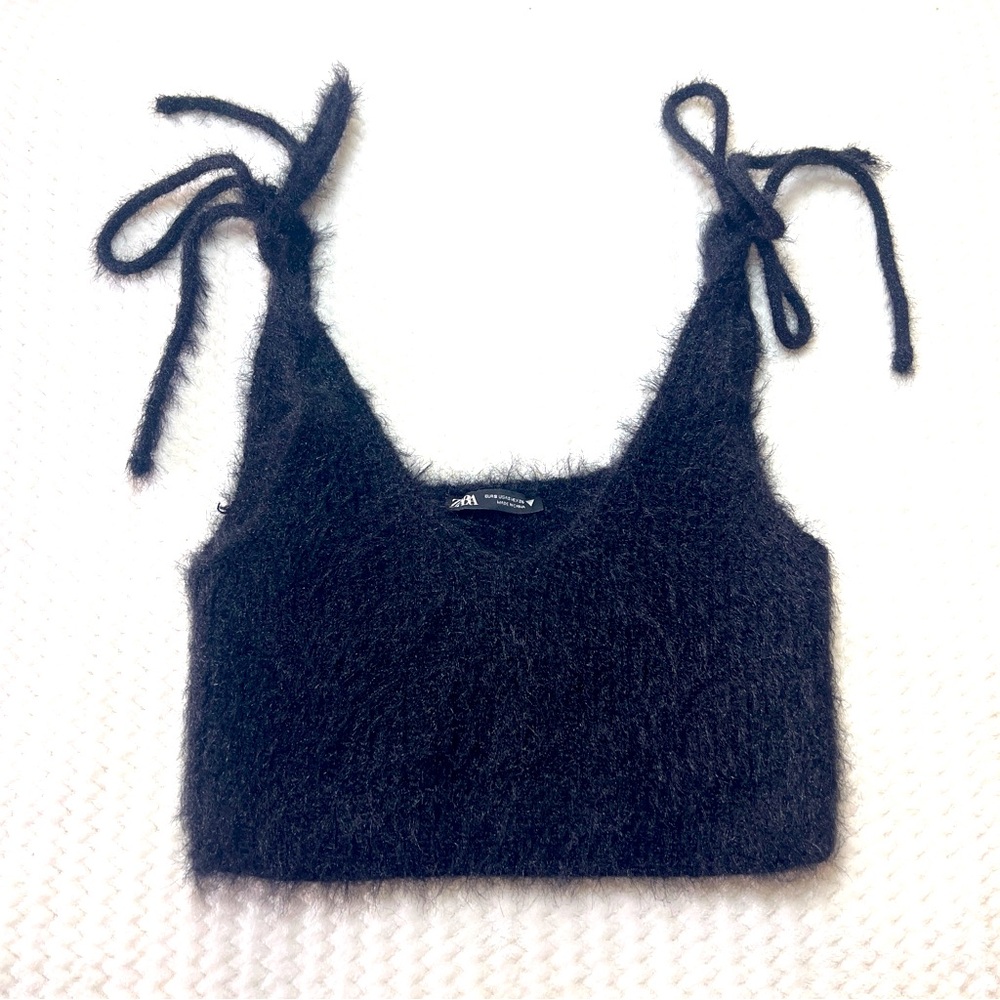 Zara bow strips crop fluffy top S